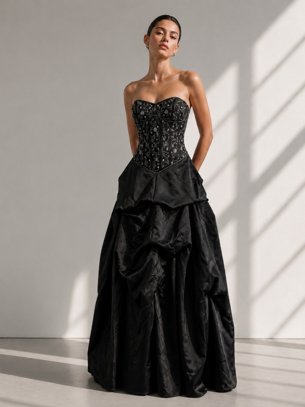 Vintage 90s City Triangles Black Beaded Corset Ball Gown Dress Gothic Glam Sz XS